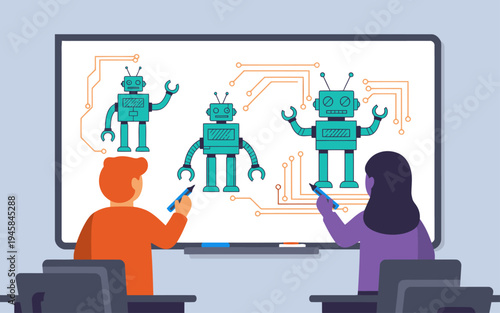 Students design robot sketches on a whiteboard with a teacher. A modern, collaborative learning scene with bright colors and a focus on STEM education.