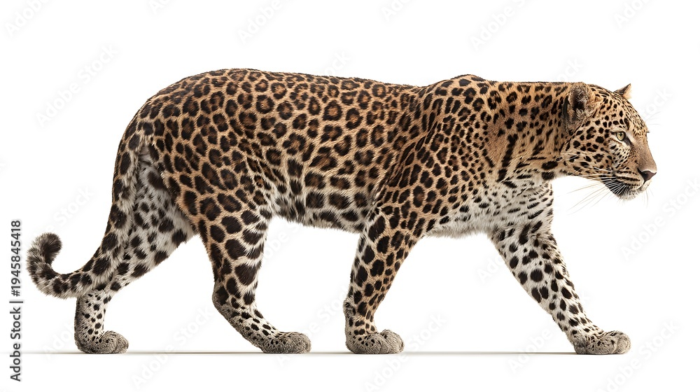 Fototapeta premium Majestic Leopard Walking Gracefully on a White Background Full Body Shot.