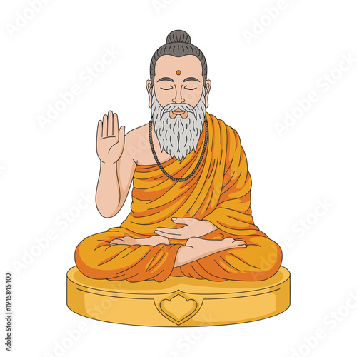 Elderly monk in orange robes meditating on a golden platform