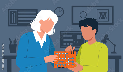 A teacher guides a student through robotics circuit construction. A modern classroom setting highlights their collaborative learning.  Focus on STEM education.
