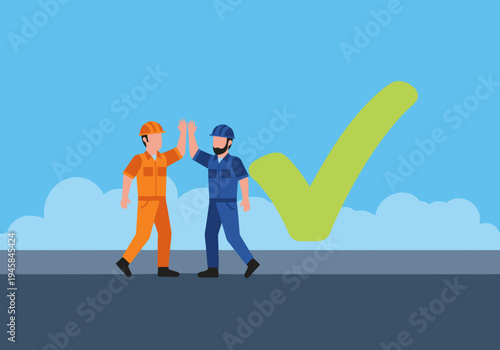 Two construction workers celebrate flood prevention success with a high-five, set against a blue sky backdrop and a checkmark.  Bright, positive, and professional.