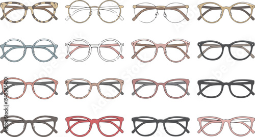 eyewear vector set featuring various fashion glasses frame shapes and colors for optometry and retail branding,