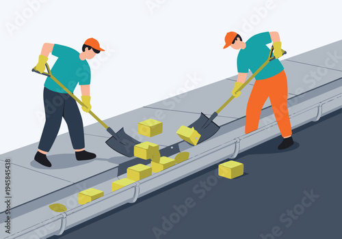 Two workers clean gutters with shovels, removing debris. Spring maintenance illustration. Bright, clean, and professional.