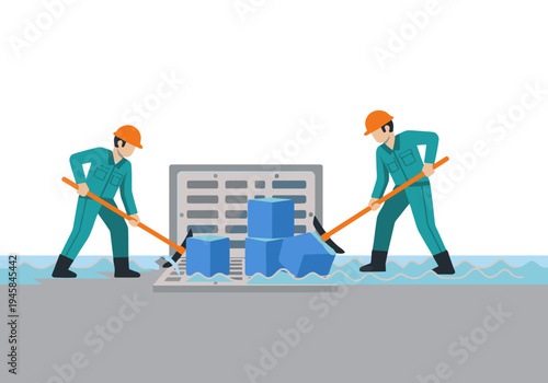 Two workers maintain crew flood protection with shovels, battling rising water. A clear, professional illustration highlights flood defense measures.