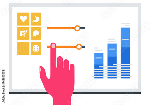 A vibrant digital illustration showcases a hand interacting with a metabolic settings hub, highlighting health and wellness. Modern, clean design with a focus on data visualization.
