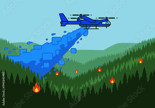 A water bomber drone extinguishes wildfires in a forest valley. Dynamic action shot with a clear composition and vibrant blue tones. Ideal for environmental and disaster relief themes.