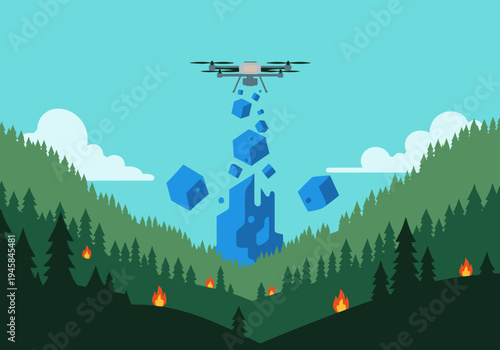 A water bomber drone extinguishes wildfires in a lush valley. Dramatic aerial spraying action against a scenic forest backdrop.  Modern, impactful imagery.