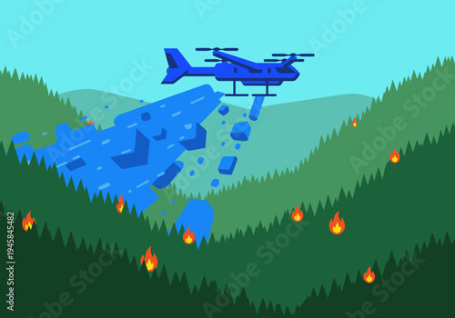 A water bomber drone extinguishes wildfires in a lush valley. Dramatic aerial rescue, showcasing effective firefighting. Vibrant blue water contrasts with green foliage and orange flames.