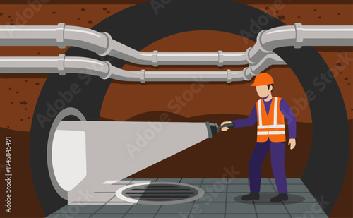 A worker inspects underground drains with a bright light. Detailed illustration showcases a tunnel setting and safety equipment. Ideal for utility, infrastructure, and maintenance visuals.