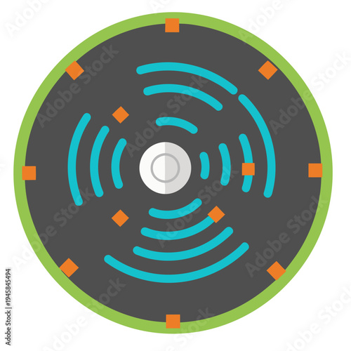 Visualize an autonomous farm's geofence system. A central control unit manages sensors and automated processes within a circular boundary. Modern, clean design.