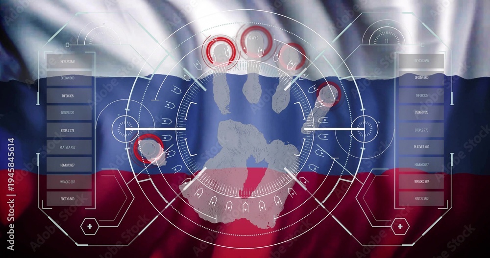 Fototapeta premium Showing biometric handprint scanning HUD in graphic art, with Russian flag and red rings