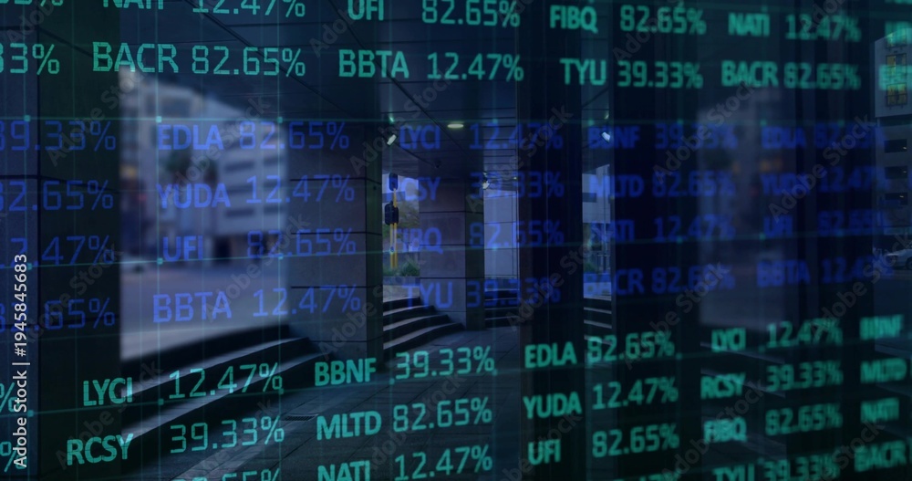 Obraz premium Showing translucent stock ticker overlay across glass entrance, with teal symbols reflecting street
