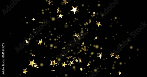 Glittering five-pointed gold stars cascading across deep black backdrop, with bokeh dots and sparks
