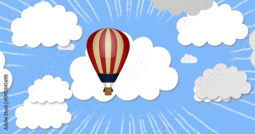 Floating red-and-cream hot air balloon drifting in bright blue sky, with layered cloud cutouts