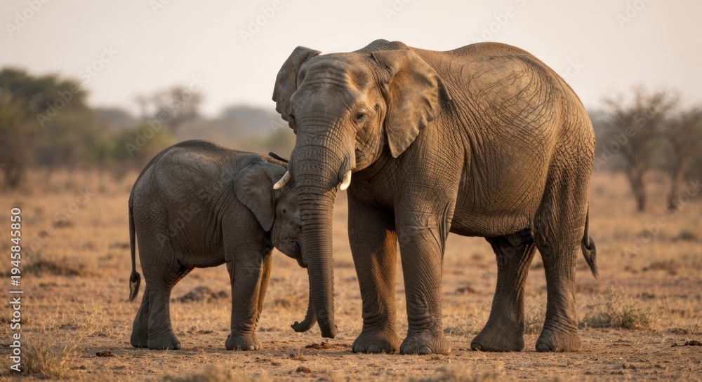 Fototapeta premium A mother elephant gently nuzzles her calf. Golden light bathes the savanna scene