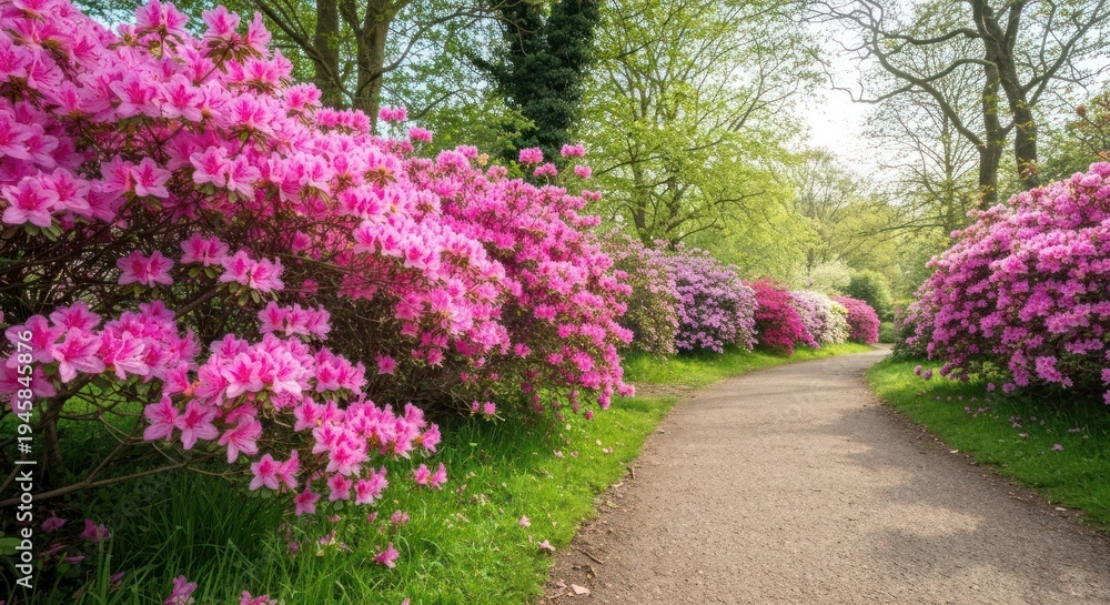 Obraz premium A path winds through a vibrant azalea garden, bursting with pink and purple blossoms. Sunlight streams through the trees