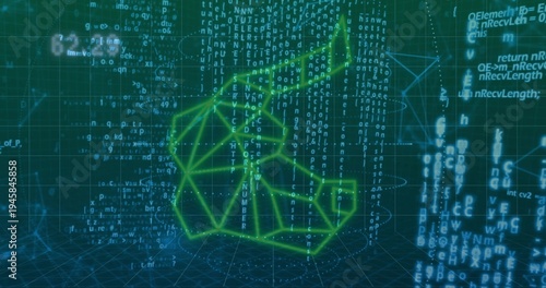 Floating green wireframe form hovering above dotted base, emitting code streams, 3D grid floor
