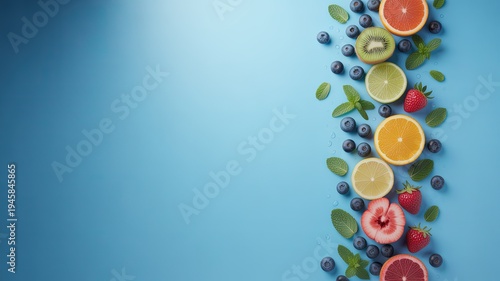 Diverse assortment of sliced citrus fruits, berries, and mint leaves on a blue background with copy space.