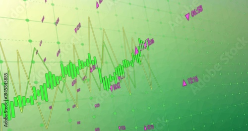Displaying green candles climbing across trading chart, showing yellow line, magenta markers, nodes