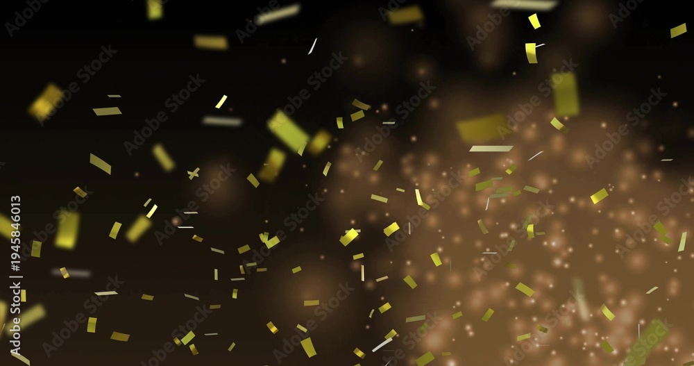Fototapeta premium Falling gold confetti drifting across dark warm backdrop in studio, with glowing particles