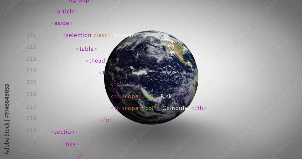 Fototapeta premium Floating realistic Earth globe hovering at neutral gray gradient backdrop, with HTML code overlay