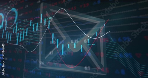 Displaying centered translucent mail icon on finance screen with candles, white and red trend lines