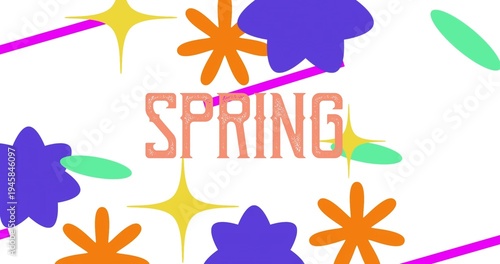 Showing SPRING text on white with purple and orange blooms green leaf yellow stars magenta stripes