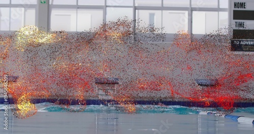 Showing competition pool with lane markings, starting blocks, lane ropes and red particle overlay