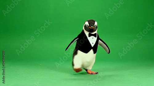 Tuxedo Penguin Walking And Waddling On Green Screen