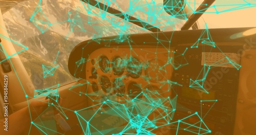 Showing pilot in short sleeve resting forearm on control yoke in cockpit, panel, cyan overlay