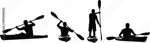 Silhouette collection of athletes engaged in kayaking and paddleboarding, showing dynamic paddling poses, water sports motion, teamwork, and recreational activity concept illustrations for outdoor 