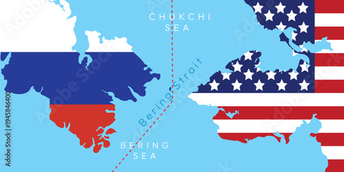 Bering Strait map background. Russia and the United States border. America and Russia in Alaska