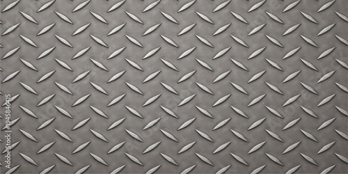 Seamless silver diamond plate metal texture with a shiny metallic pattern on a gray industrial steel sheet surface for construction design