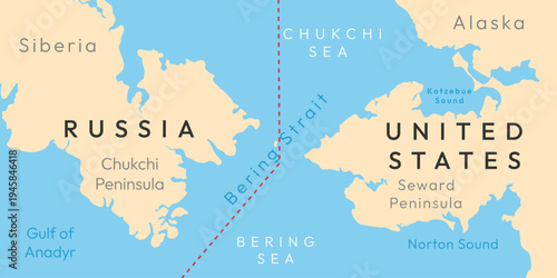 Bering Strait map background. Russia and the United States border. America and Russia in Alaska