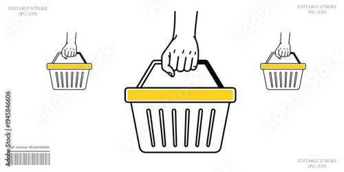 Shopping Basket Cartoon Illustration Showing Hand Holding Retail Purchase With Consumer Commerce Concept