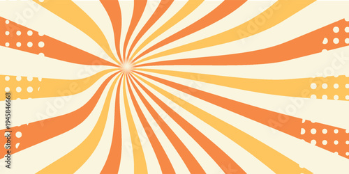 Swirling radial ice cream background. Orange groovy vortex spiral twirl. Twirl sunburst psychedelic pattern. Orange lollipop texture. Swirl candy background. Vector illustration.