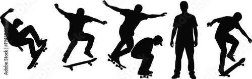 Silhouette collection of skateboarders in dynamic action poses, including jumping, crouching, balancing, and standing, representing extreme sports motion, tricks, a
