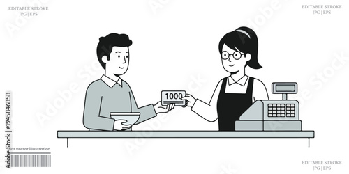 Retail Transaction Cartoon Illustration Showing Customer Payment With Cashier Service And Shopping Concept