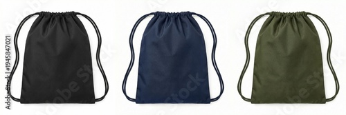 Three lightweight drawstring cinch bags displayed in black navy blue and olive green colors.