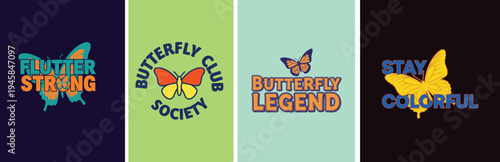 Vibrant butterfly logos on colorful backgrounds for branding and design inspiration tshirt design
