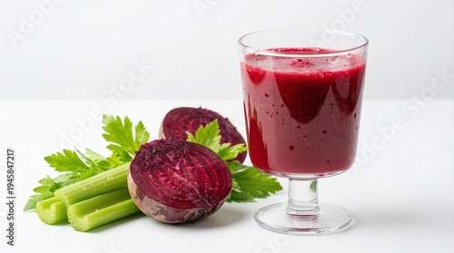 Refreshing beetroot juice with celery and sliced beets on a white background  