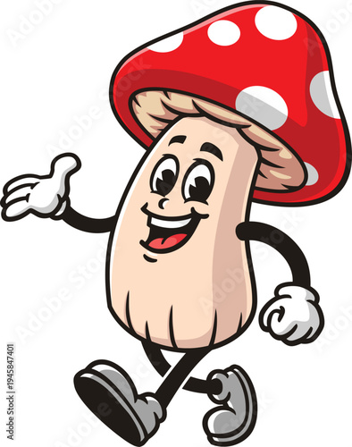 Cartoon mushroom mascot is walking