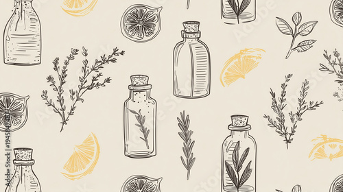 Seamless pattern essential oil bottle lemon slice herb sprig botanical illustration natural cosmetics spa wellness aromatic neutral background