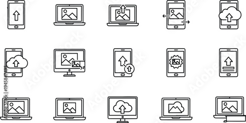 Cloud Computing and Image Upload Outline Icons