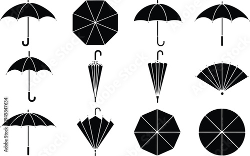 black umbrella silhouette icon set featuring various open closed and folded parasol designs for weather and protection concepts,