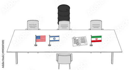 A meeting takes place at a long white table with flags of America Israel and another country alongside papers between four office chairs and one empty chair.