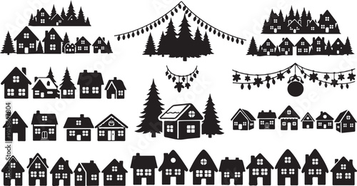 Black and white Christmas village houses and trees icons