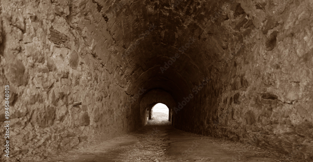 Obraz premium Dark stone tunnel opening to a bright, snowy winter landscape Long, dark, arched corridor with light at the end, ancient and mysterious Dark stone tunnel leading to light
