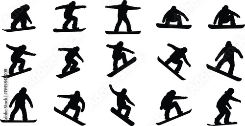 Silhouette collection of snowboarders in multiple dynamic poses, including standing, crouching, jumping, and turning, representing winter sports motion, athletic performance, and extreme 