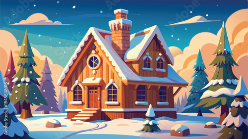 Snowy winter cabin in a forest